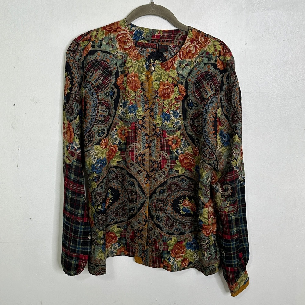 Jerri Sherman Vintage 100% Silk Mixed Floral Plaid‎ Print Blouse Jacket 10 READ